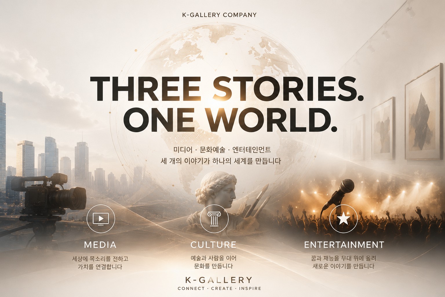 K-GALLERY COMPANY — THREE STORIES. ONE WORLD. 미디어·문화예술·엔터테인먼트, 세 개의 이야기가 하나의 세계를 만듭니다.